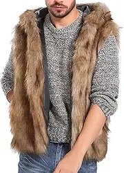 [Qolkmuiy-GJ] Mens Winter Faux Fur Sleeveless Vest Fur Collar Hooded Short Waistcoat Fleece Open Fron Sleeveless Outwear