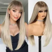 Long Straight Wigs for Women Layered Synthetic Wig with Bangs Ash Blonde Colo...
