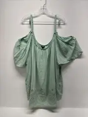 Torrid 5 Blouse Top Shirt Challis Eyelet Border Cold Shoulder Green Plus Size 5X