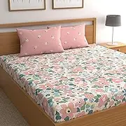 Prime Collections 160TC Pure Cotton Wrinkelfree Breathable Supersoft Double Flat Bedsheet with 2 Pillow Covers (Pink Multi, Flat)
