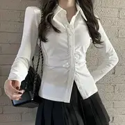 Long-Sleeve Plain Ruched Button-Up Slim Fit Shirt / High Rise Pleated Mini A-Line Skirt Shirt - Milky White - S