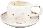 Handcrafted Pink Heart Shaped Coffee Mug and Saucer Set Unique Ceramic Espresso Cups Creative Cute for Office and Home 10 Ounce Big Coffee Cup