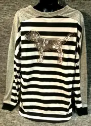 Victoria's Secret Pink Bling Varsity LS Tee Shirt Striped Silver Dog S Rare NWT