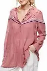 NWT FREE PEOPLE SzM HEARTS & COLORS BUTTON FRONT LONG SLEEVE SHIRT ROSE