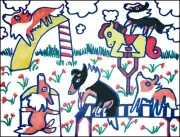 Shetland Sheepdog Folk Art Print Signed by Artist KSams 11x14 Sheltie Playground