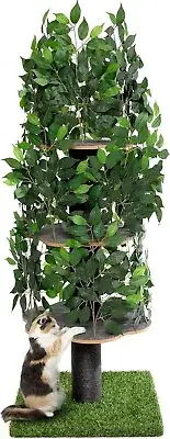 Cat Tree Scratching Post for Climbing, Hiding and Sleeping w/ Replaceable Leaves