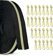 Zynzaoacs #5 Zipper by The Yard with Pulls, Continuous Black Tape (10Yds) and Rust-Proof Gold Metal Pulls (25Pcs), Bulk Zippers for Sewing Bags and Purses, Cuttable Nylon Zipper Roll