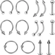 [DLPRK] 14-Piece Nose Piercing Set Surgical Steel Piercing Nose Ring Stud Nose Stud Nostril Jewellery Women (Silver, 1.2 x 8 mm)