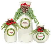 Christmas Vase Set 3 Pieces White Evergreen Pine Cones Berries Flocked Decor NEW