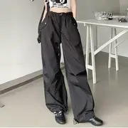Drawstring Waist Plain Wide Leg Parachute Pants Black - M