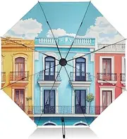 [PDZRMY] House Colors Art UV Protection Travel Umbrella Compact for Rain and Sun - Auto Open and Close UPF 50+ Windproof Portable 46” Sun Umbrella for Women and Men