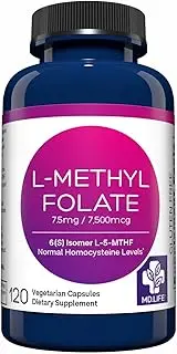MD. Life L-Methylfolate 7.5 mg - Active Folate 5 Mthfr Support Supplement Professional Strength Methyl Folate - Essential Amino Acids & Brain Supplement- 120 Vegan Capsules