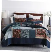 3-Piece Quilt Sets Size Quilted Bedspread Real Patchwork King Dark Blue Rose