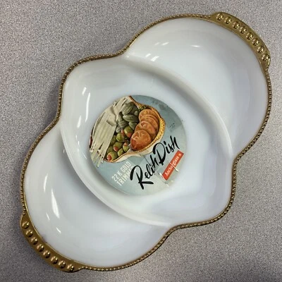 Vintage Fire King Oven Ware White Milk Glass & 22k Gold Bead Trim Made in USA