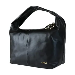 FURLA GINGER 燙金LOGO皮革HOBO手提包-黑