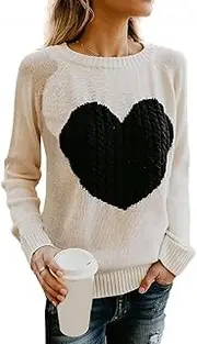 [GOLDSTITCH] Women's Sweater Heart Pattern Patchwork Pullover Long Sleeve Crew Neck Knits Loose Top