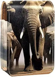Lipstick Case,Leather Lip Gloss Lipstick Organizer with Mirror,Mini Lipstick Holder Bag,African Animal Family Elephant