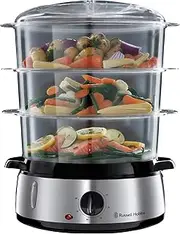 [Russell Hobbs] Cook@Home 9L Food Steamer, RHSTM3, 800W, 3 Tiers With 9L total Capacity, Built-In Timer, Stackable BPA-Free Steaming Baskets For Easy Storage, Stainless Steel Base - Silver