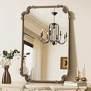 [TETOTE] Gold Rectangle Mirror for Mantle Fireplace 24 x 36 Baroque Antique Brass Vintage Ornate Scroll Wall Mirror with Metal Frame for Traditional Victorian French Decor, Horizontal/Vertical