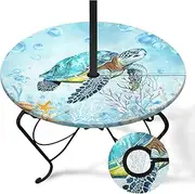 Sea Turtle Round Outdoor Tablecloth With Umbrella Hole, Plaid Fitted Table Cover With Zipper, Outdoor Camping Essentials, Waterproof Umbrella Table Cloth with elastic (36''-44'')