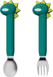 SFCCMM Baby Forks and Spoons Set Baby Training Utensils Self Feeding Toddler Silverware Silicone and Stainless Steel Kids and Toddler Utensil (Green Dinosaur - Long)