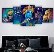 SAF Set of 5 Radha Krishna with Couple Peacock UV Textured Home Decorative Gift Item MDF Panel Painting 18 Inch X 42 Inch SANFPNL31211