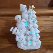 10" Porcelain Snow Family Christmas LED Light Up Holiday Tree, Ivory Bisque Gold