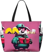 [Ghjkfbf] Piggy Print Large Capacity Beach Travel Bag For Family, Beach Tote Bag For Women With Zipper Pockets, Black, One Size