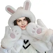 [FOCCAR] Hooded Scarf with Mittens, Cute Furry Hat - Bunny Plush Hat Cap with Scarfs Mittens & Paws for Women Girls Lear-au