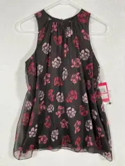 Vince Camuto Black Halter Blouse $79 Size XXS Pink Floral Top Sparkle Dots NEW