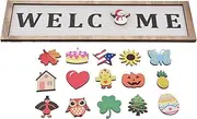 Wooden Door Sign with 16 Icons, Boxwood Welcome Door Decoration for Home, Seasonal Rustic Beach, Farmhouse Office with Seasonal Icons