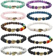 [Jewdreamer] 10Pcs 8mm Natural Stone Bead Bracelet for Women Men Gold Elephant Bracelet Lava Rock Chakra Bracelets Yoga Balancing Reiki Healing Jewelry Bracelet