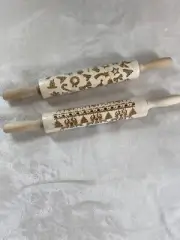2 Wooden Rolling Pins Engraved Christmas Deer Trees Candle Stars Carved New