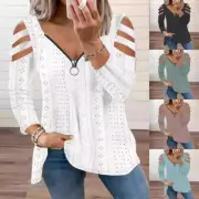 Womens Cold Shoulder Long Sleeves T Shirt Zip V-Neck Tunic Tops Blouse Size 6-20