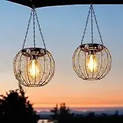 Hanging Solar Lanterns, Solar Lights Outdoor Waterpoof, Solar Chandelier with Warm White Led Bulb, Beaded Copper Wire Ball Shade Patio Garden Decor Lights for Tree Yard Pathway Wall Eave Pergola-2Pack