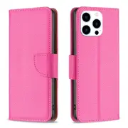 For iPhone 16 Pro Max Case, PU Leather Lychee Cover, Rose Red