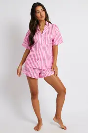 Pink Stripe Pyjama Set Multi Stripe Satin Piping PJ - Size M, Women's Satin Set