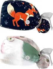 [YTYVAGT] 2-Pc,Nurse Scrub Caps,Scrub Hats with Buttons and Cotton Sweatband,Cute Abstract Fox