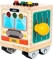 Wooden Activity Cube,Bus Sensory Board with LED Light | Early Educational Activity, Portable Fine Motor Skill Toy for Learning Life Skills