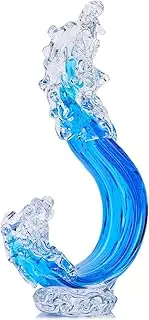 Blue Glass Beach House Decor - Hand Blown Glass Ocean Wave Sculpture, For Coastal Nautical Office Surfers Gifts