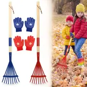 Metal Kids Leaves Rakes and Kids Gloves,Small Kids Lawn Rakes with Wooden Handle
