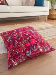 Maroon Red Large Floor Cushion Cover Cotton Velvet Bird Design 75 cm x 75 cm