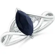 Criss-Cross Marquise Blue Sapphire Solitaire Engagement Ring with Diamonds