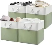 Patvingot 13x13x13 Storage Cube Bins,Set of 4, Large Foldable Fabric Storage Cubes with Handles for Organizing Home, Closet, Clothes, Toy, Book, Office (White&Green)