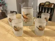 West Virginia Glass Co. Frosted Pebbled Pheasant Pitcher & 4 Piece Glass Set