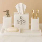 white Quartz Bathroom Set – Tissue Box, Soap Dispenser & case, Brush Holder,tray