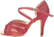 [DKZSYIM] Women Rhinestone Latin Ballroom Dance Shoes Bachata Salsa Practice Performance Dance Shoes,1025-Red,4 inch,Suede,US 10