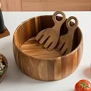 Decent Vrvege Wood Salad Bowl with Hands, Large 12 5/8 inch Acacia Wooden Serving Bowl Set, Mixing Container With Servers Claw for Entertaining Family Party Dinner