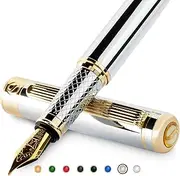 [Scriveiner] Silver Chrome Fountain Pen - Stunning Luxury Pen, Real Gold Finish Schmidt Gilded Nib (Medium), Best Pen Gift Set for Men & Women, Professional, Executive Office, Nice Pens