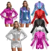 Women Tassel Bodysuit Shiny Glitter Fringe Hem Dance Jumpsuit Catsuit Sequin